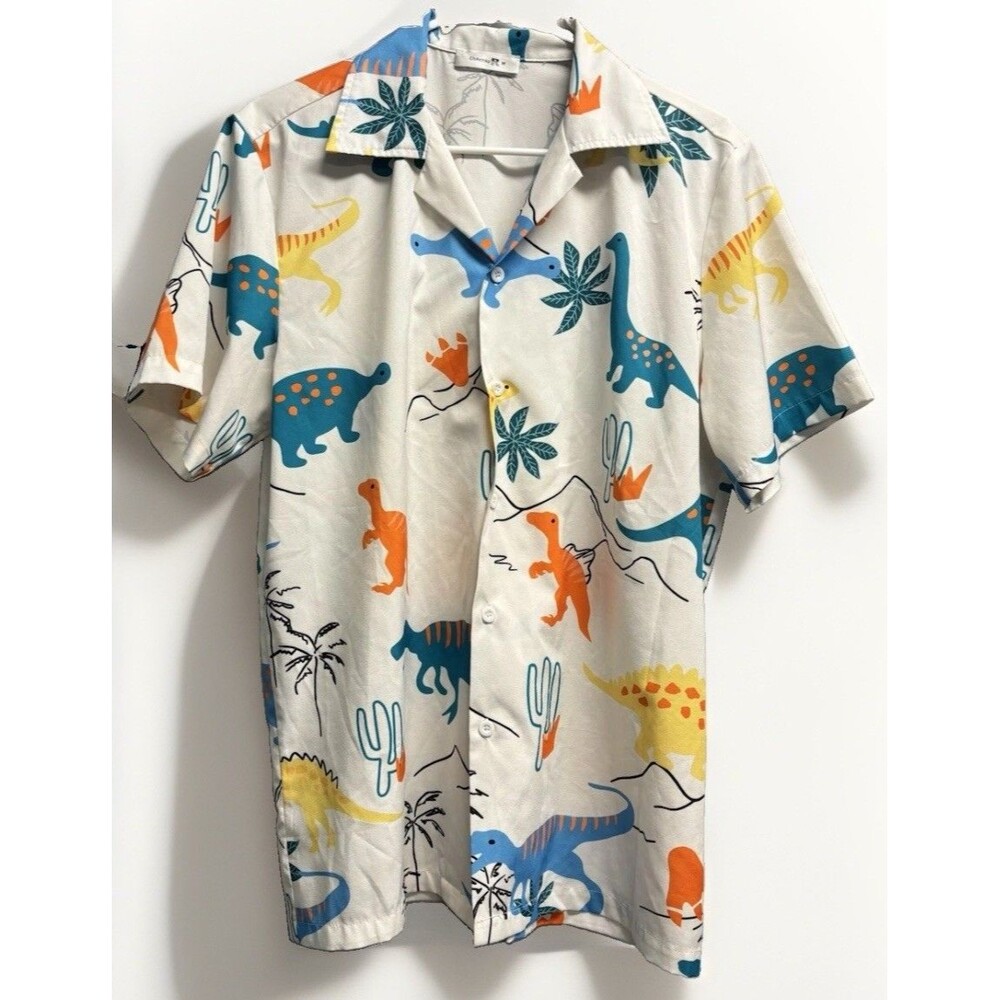 Charmkp Shirt Men's Sz M Dinosaurs Print Short Sleeve carnival uniform
